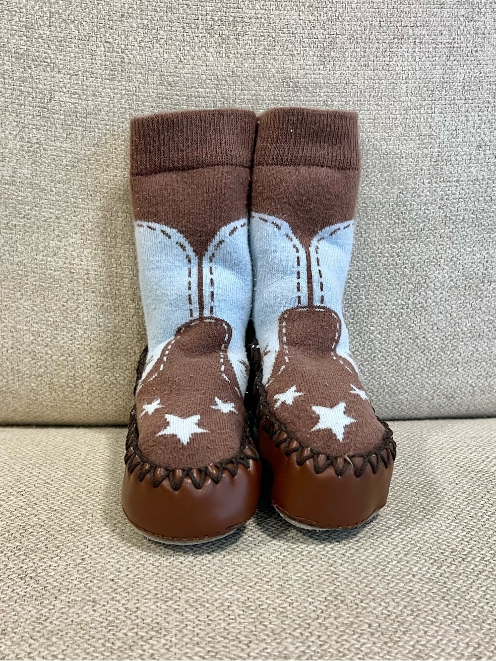 Mocc Ons 18-24M NON-SLIP Leather Sole Cowboy Boot Slipper Socks Brown Blue GUC
